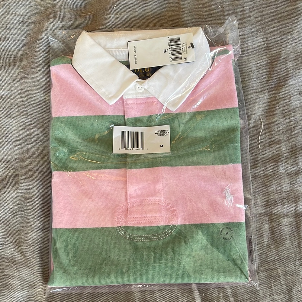 Green and pink striped Polo rugby shirt, medium, new in bag with tags